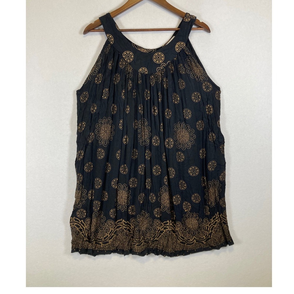 Boho Chic Belma New York Women OS Black Gold Block Print Sleeveless Tunic Top